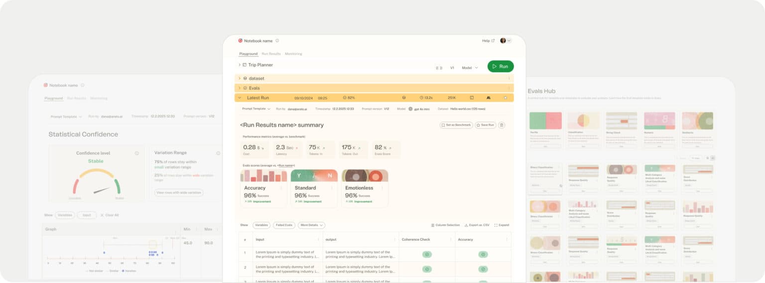 Arato Studio notebook interface showing a run's evals and results