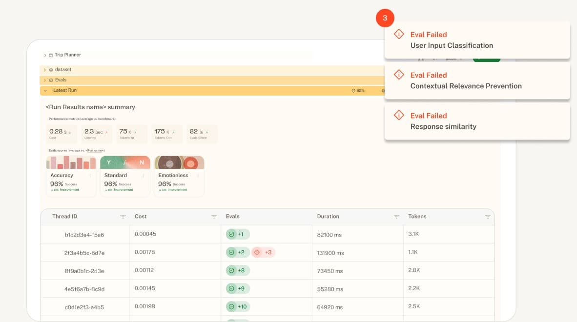 Arato Studio notebook interface showing a run's evals and results