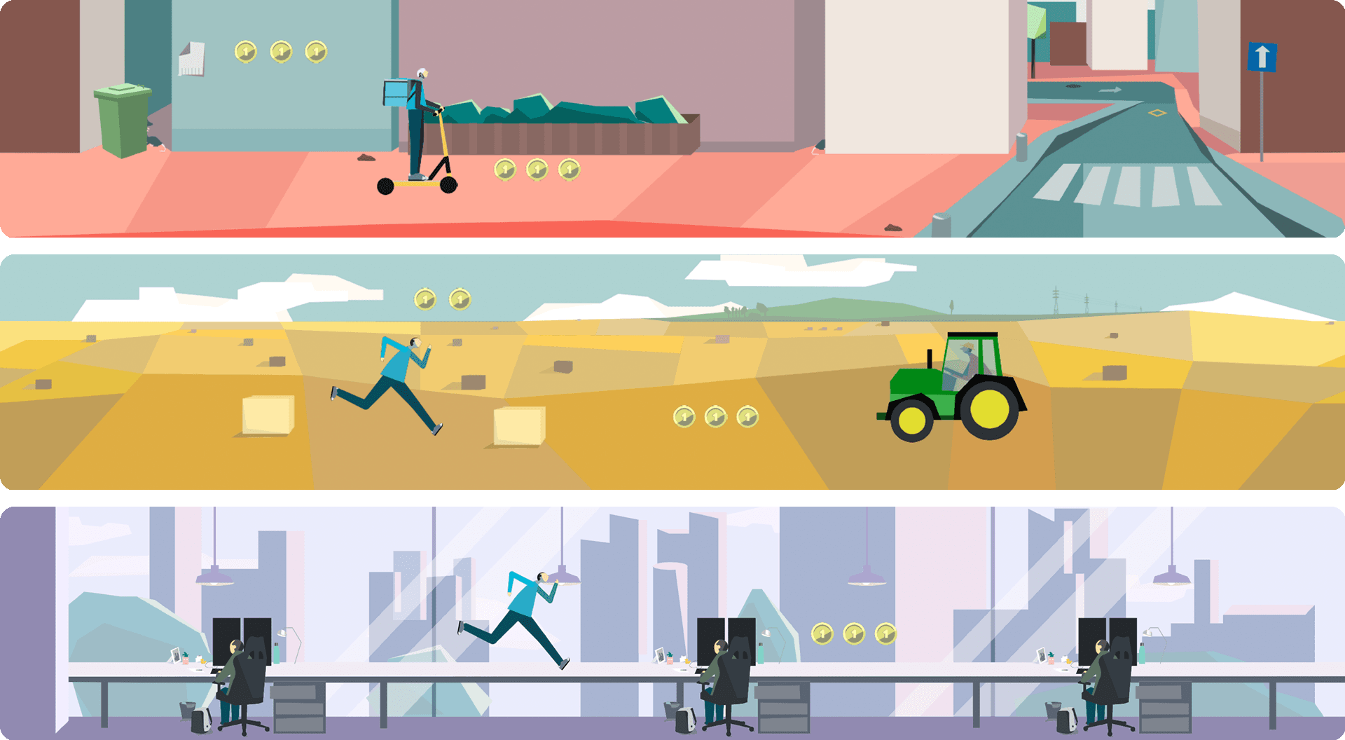 Fast Learner level backgrounds — city street, wheat field, and office — stacked one below the other