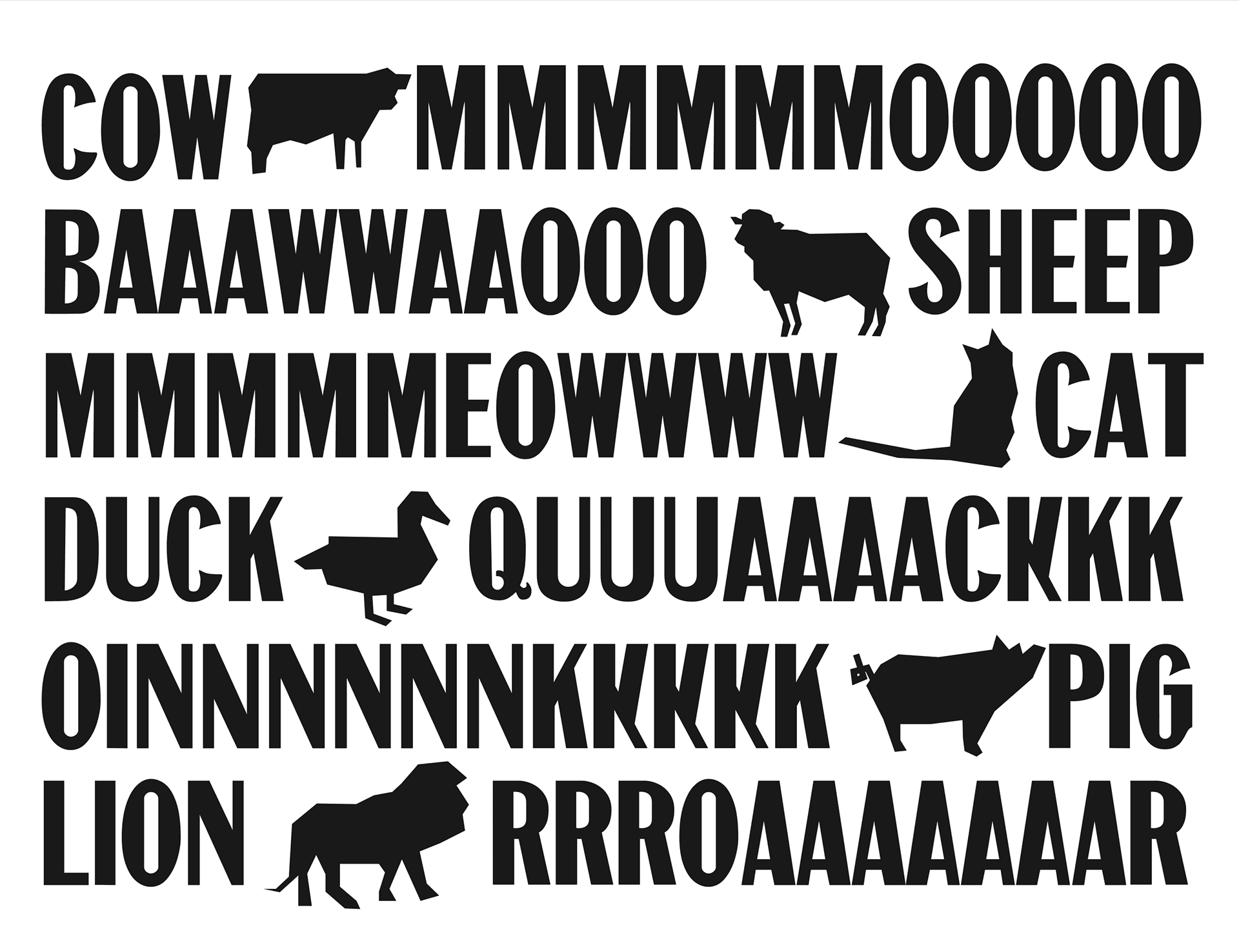 Optima typeface specimen — farm animal names paired with their sounds and icons