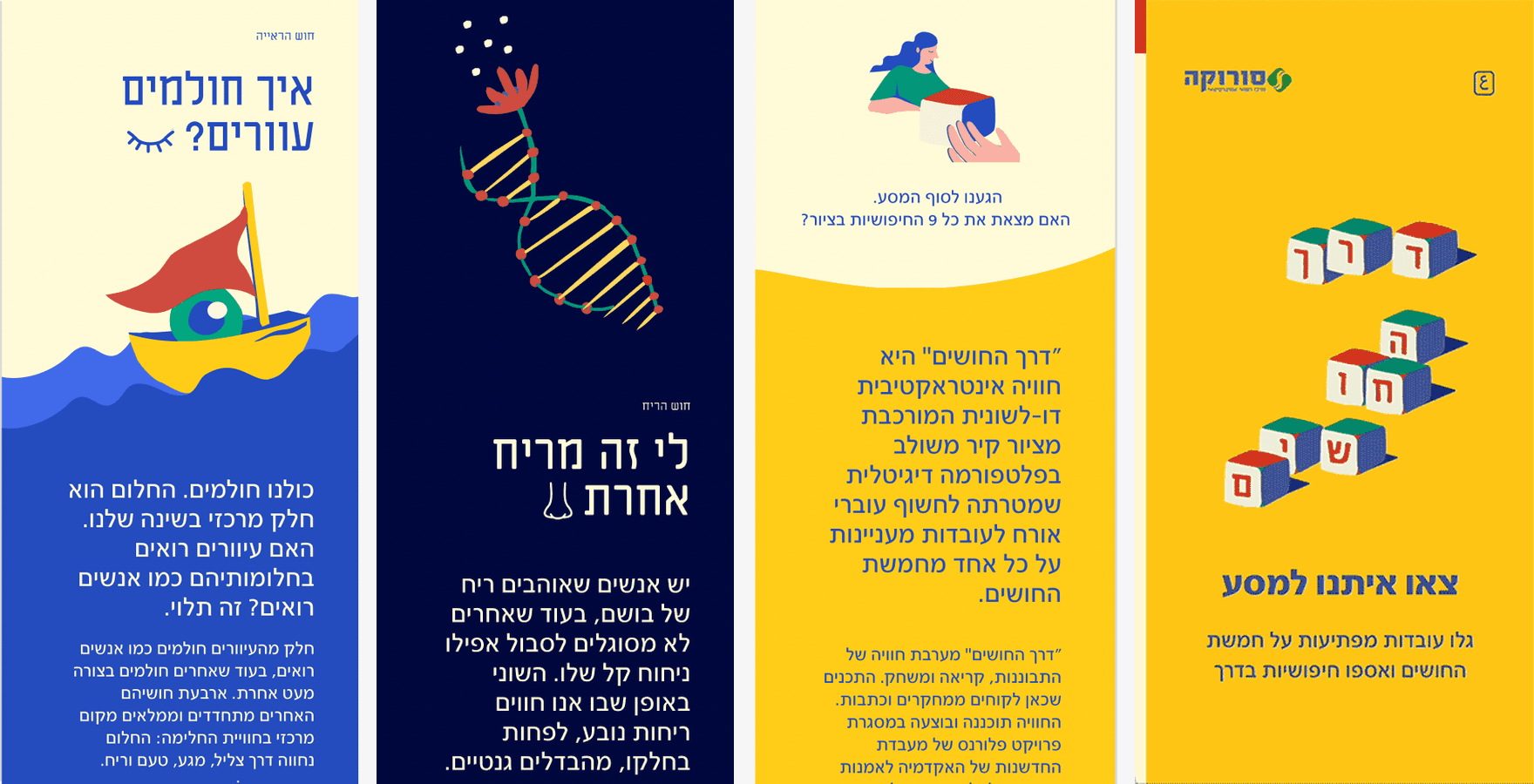 Senses Trail Soroka — the five senses screens shown side by side
