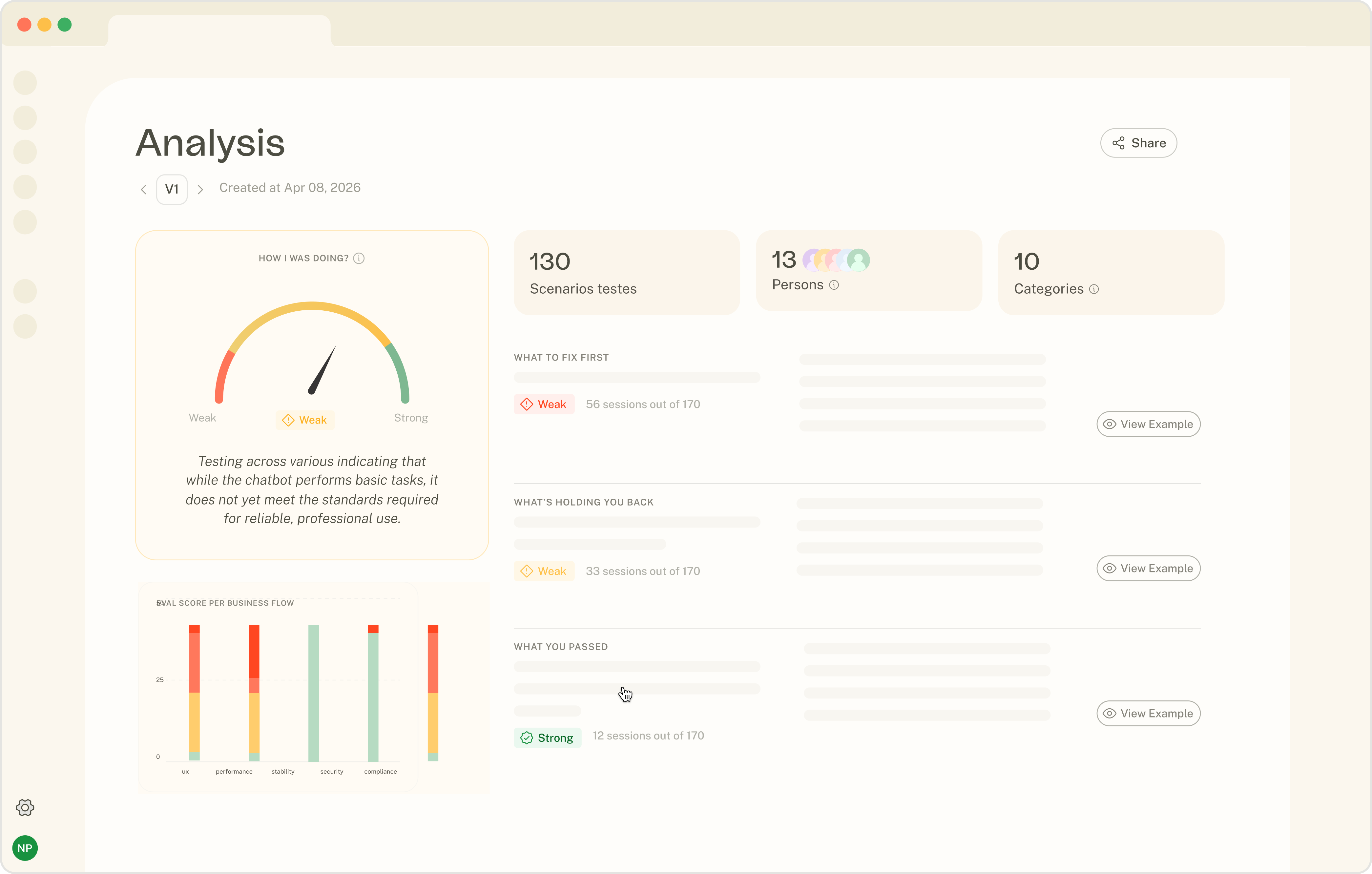 Simulate's Analysis view — an overall quality gauge, eval scores per business flow, and what to fix first