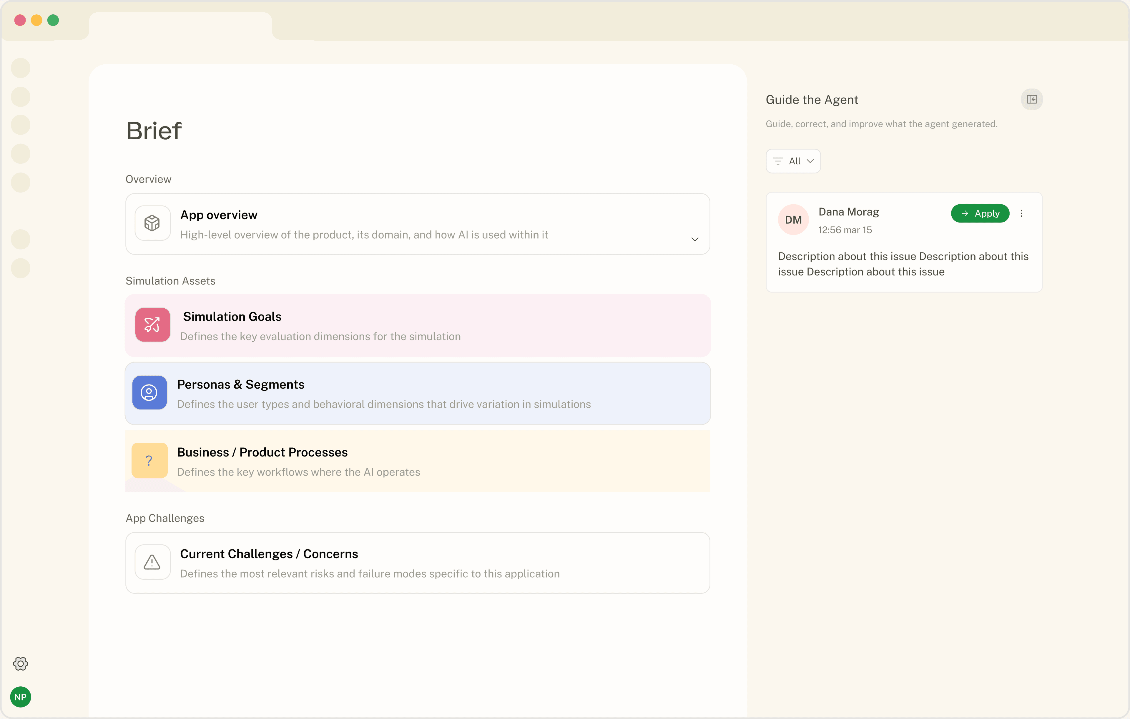 Simulate's Analysis view — an overall quality gauge, eval scores per business flow, and what to fix first