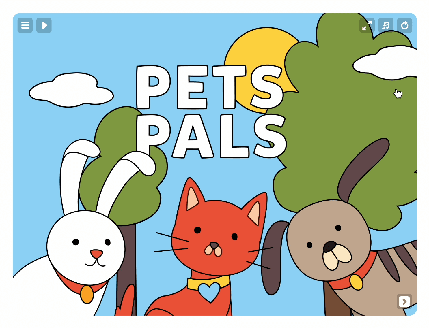 Pets Pals title screen, a TinyTap learning game