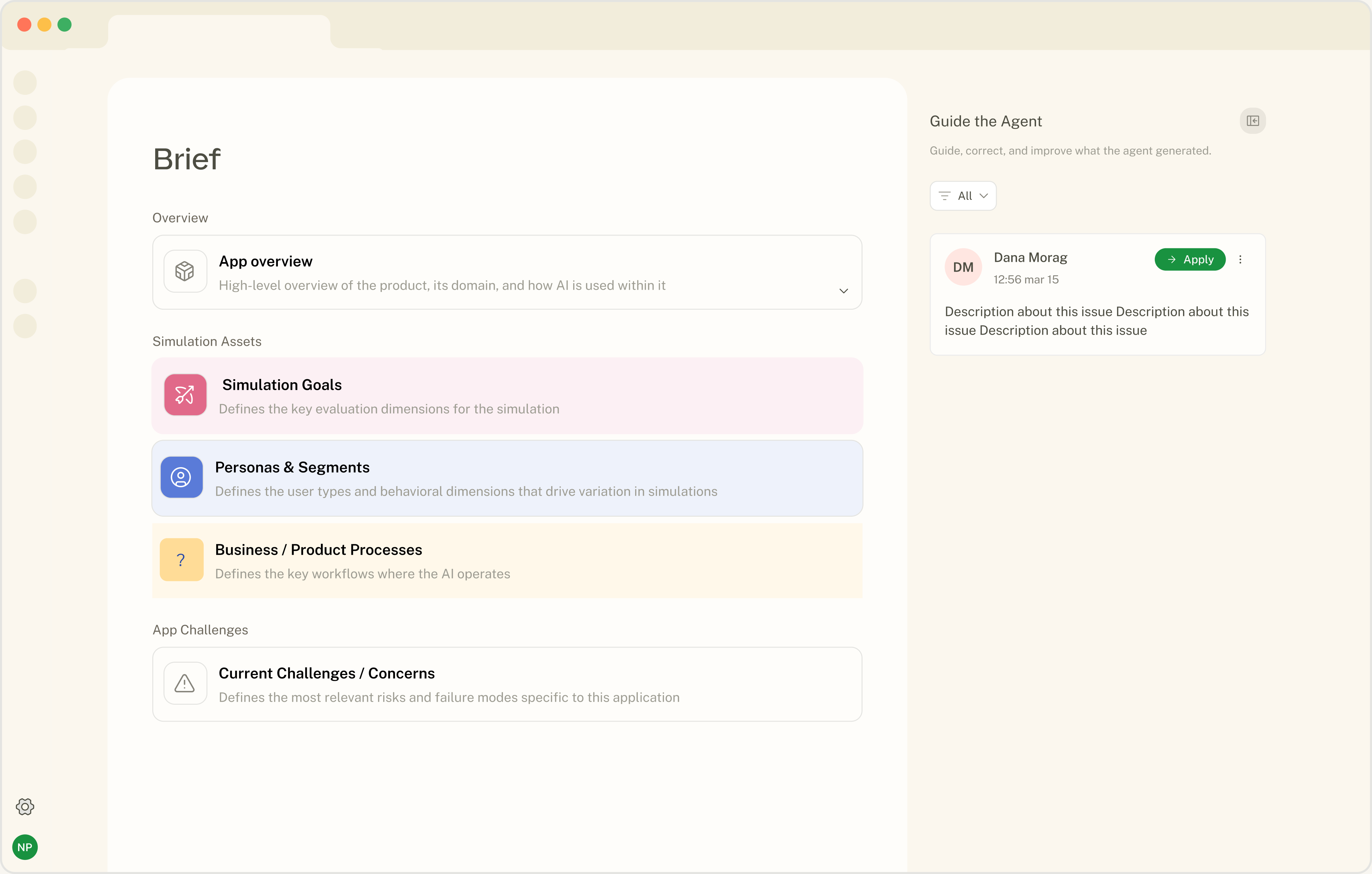 The Brief — structuring app overview, simulation assets, and challenges into a guided setup
