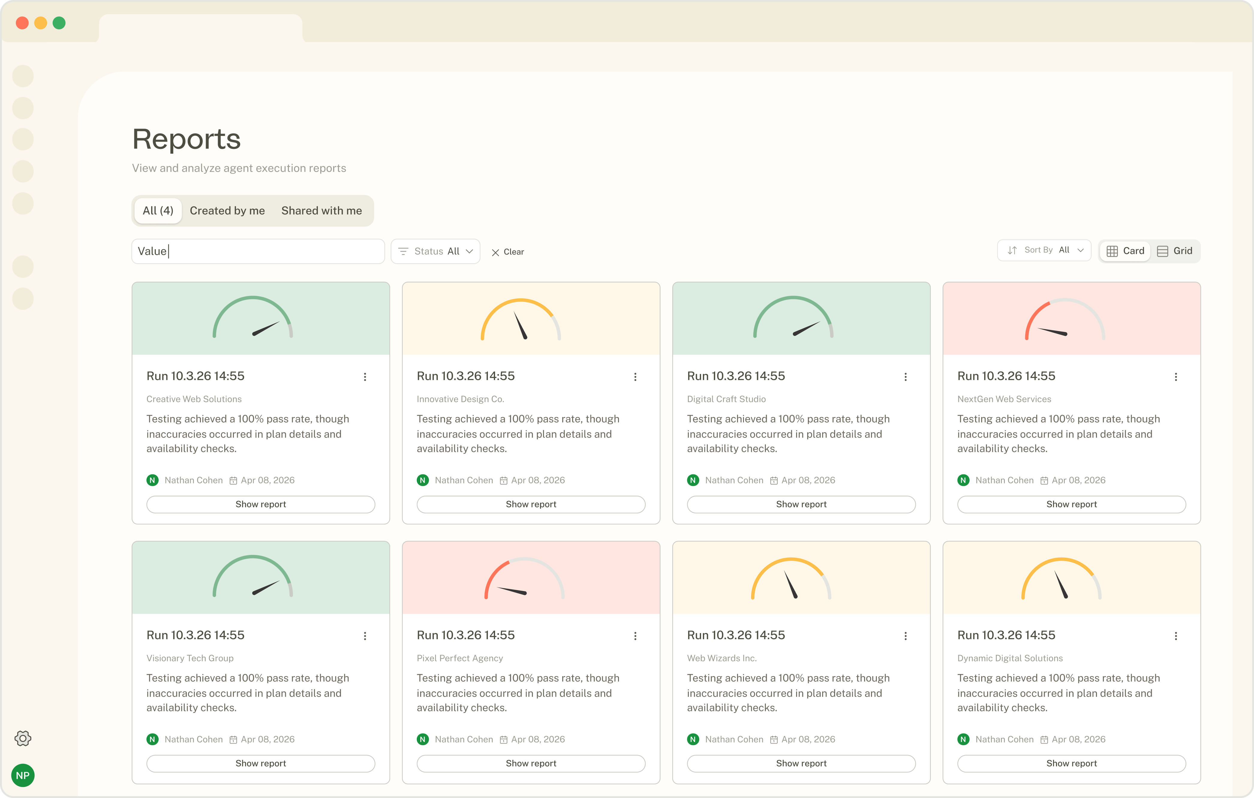 Reports view — every run, filterable by client, status, and score