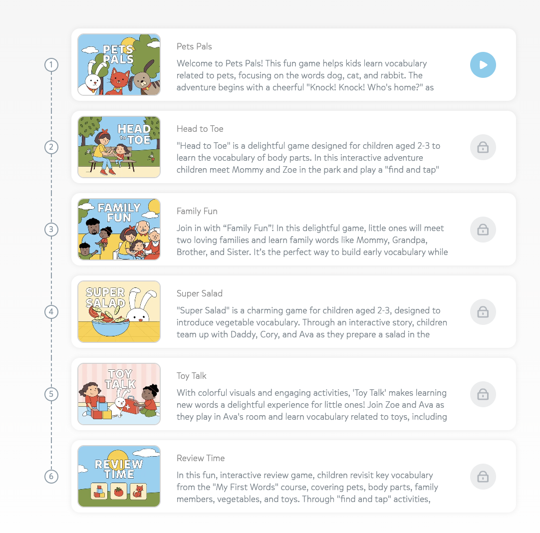 The "My First Words" course structure — Pets Pals, Head to Toe, Family Fun, Super Salad, Toy Talk, and Review Time